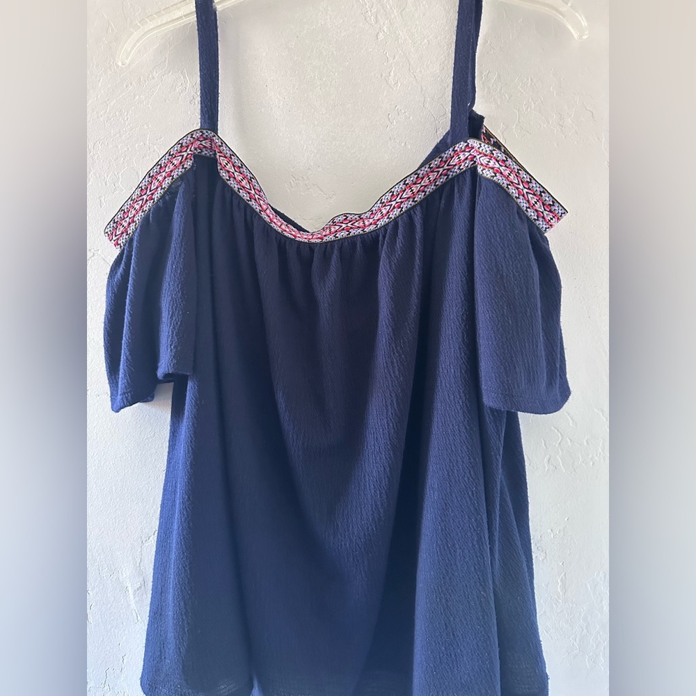SOHO New York Women Smocked Embroidered Open Shoulder Navy Blue Size Large